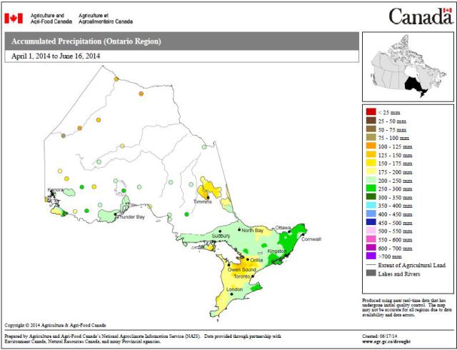 Figure 4: Accumulated Precipitation, Ontario, April 1 - June 16 (Source Agriculture and Agri-food Canada: http://www5.agr.gc.ca/resources/prod/doc/pfra/maps/nrt/2014/06/on_gs_ac_s_e_140616.pdf)