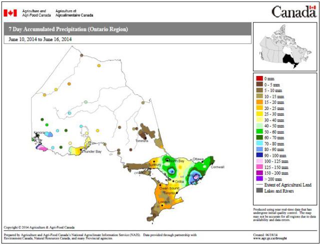 Figure 5: 7 Day Accumulated Precipitation, Ontario, June 10-June 16 (Source Agriculture and Agri-food Canada: http://www5.agr.gc.ca/resources/prod/doc/pfra/maps/nrt/2014/06/on_07_ac_s_e_140616.pdf)